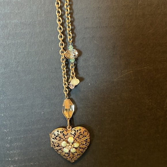 Lizpaialios Heart Locket Pendant 36” Chain W Crystals Brass no clasp Tye it - Picture 1 of 7